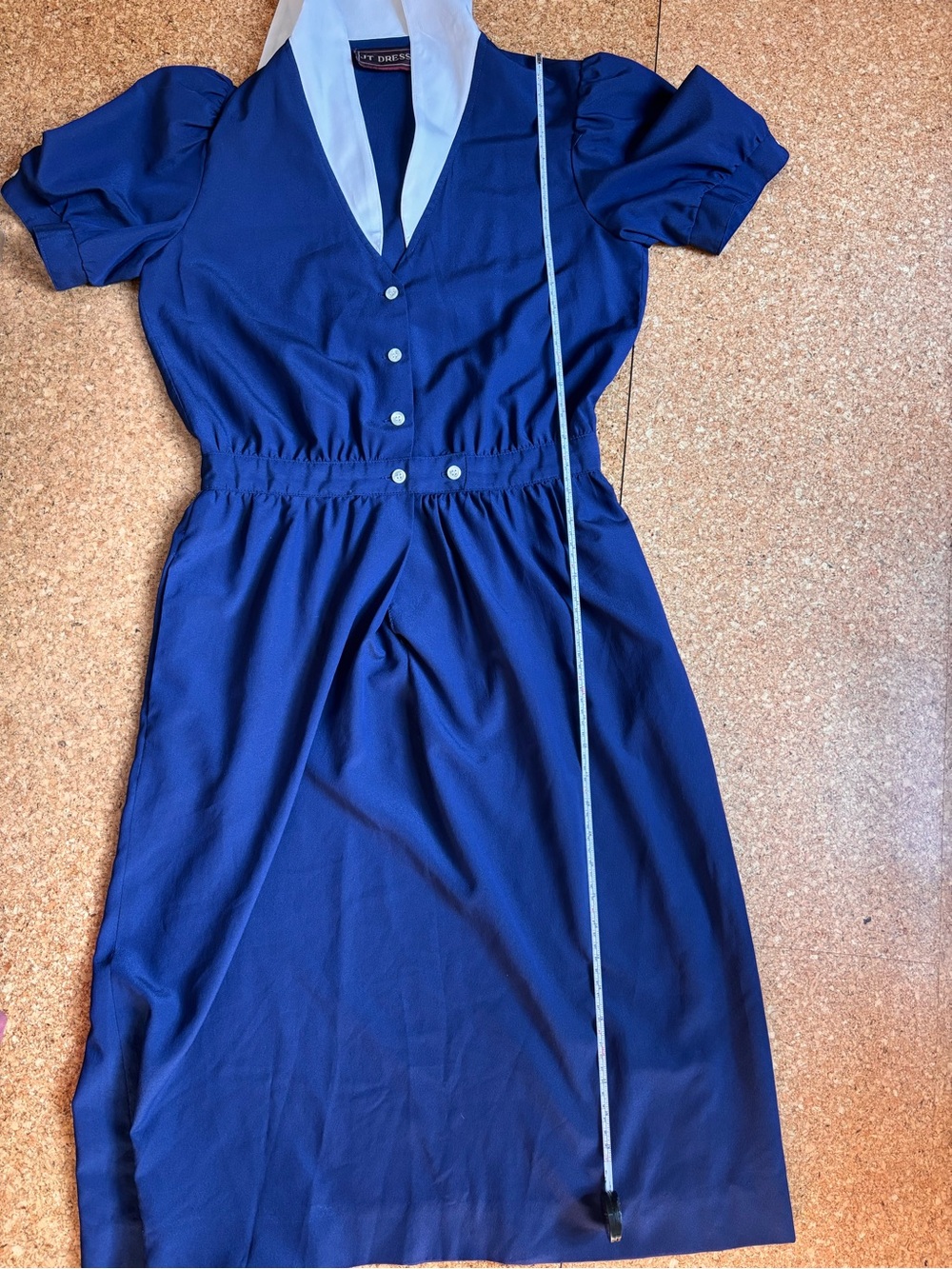 Vintage lightweight Navy Button-Front Dress with puff sleeves & sailor collar